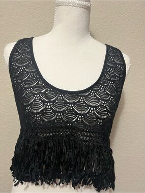 Black Crochet Fringe Crop Top